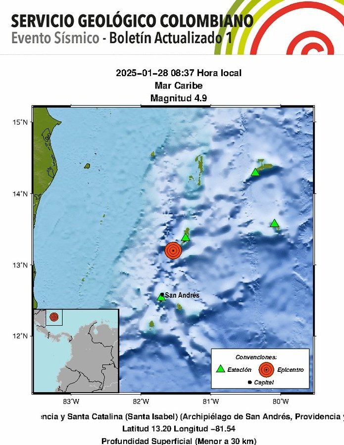 Fuerte temblor de magnitud 4.9 sacudió al archipiélago de San Andrés y Providencia