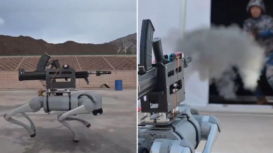 Un perro robot con un rifle muestra sus habilidades de «caza»